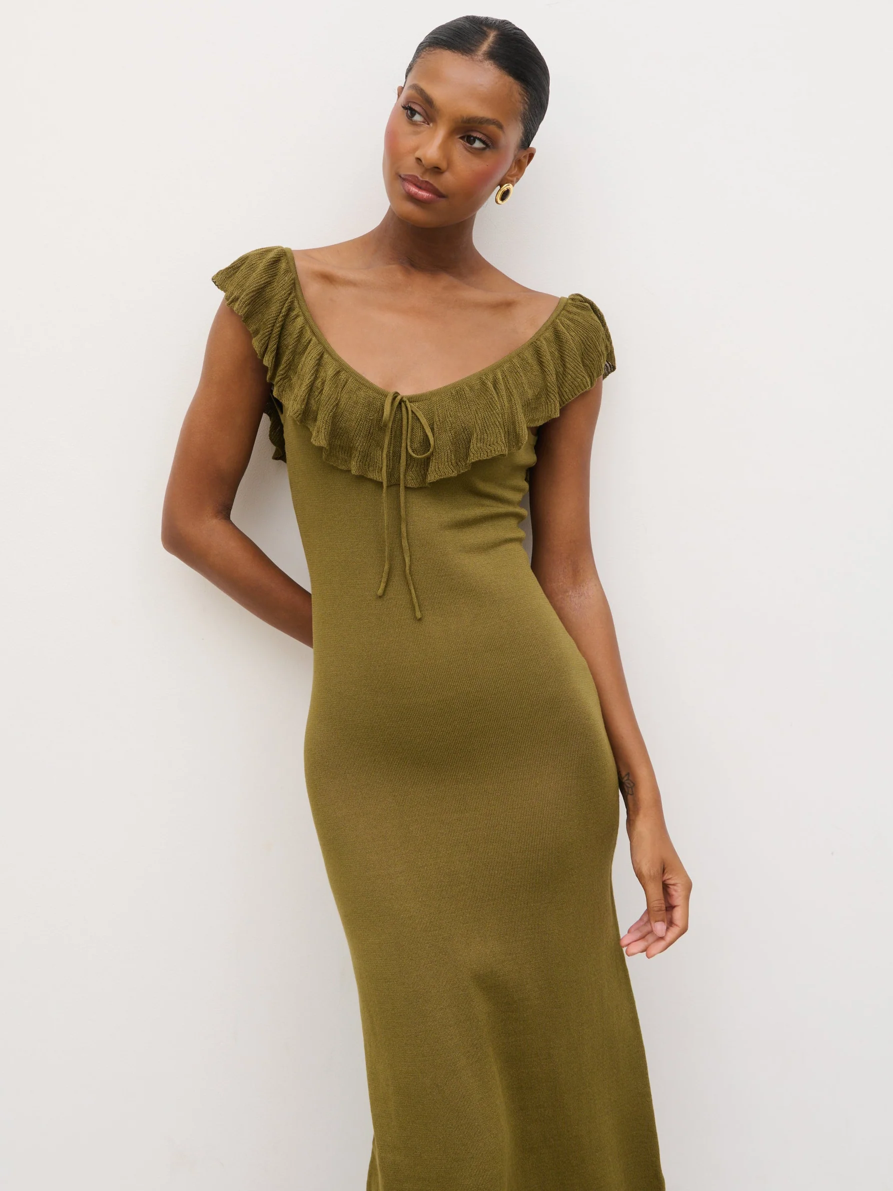 Sascha Frill Detail Knit Midaxi Dress - Tarragon Green - Image 4