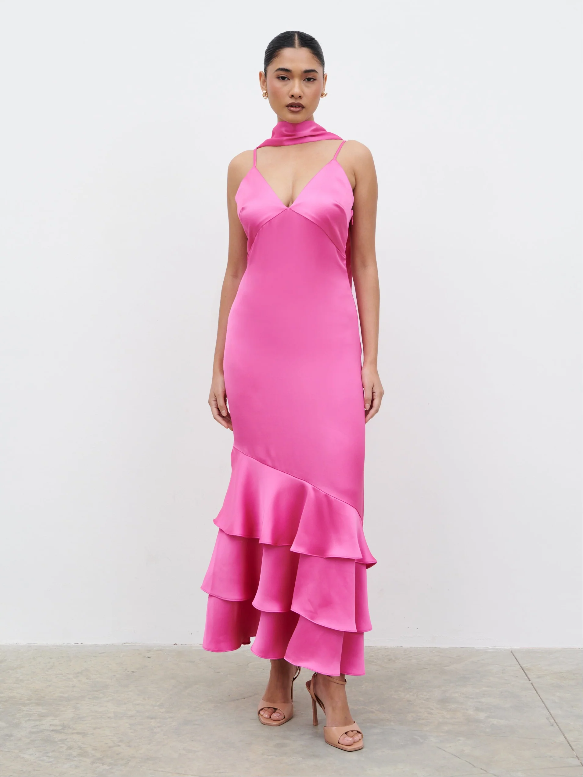 Serita V Neck Tiered Maxi Dress - Fuchsia Satin