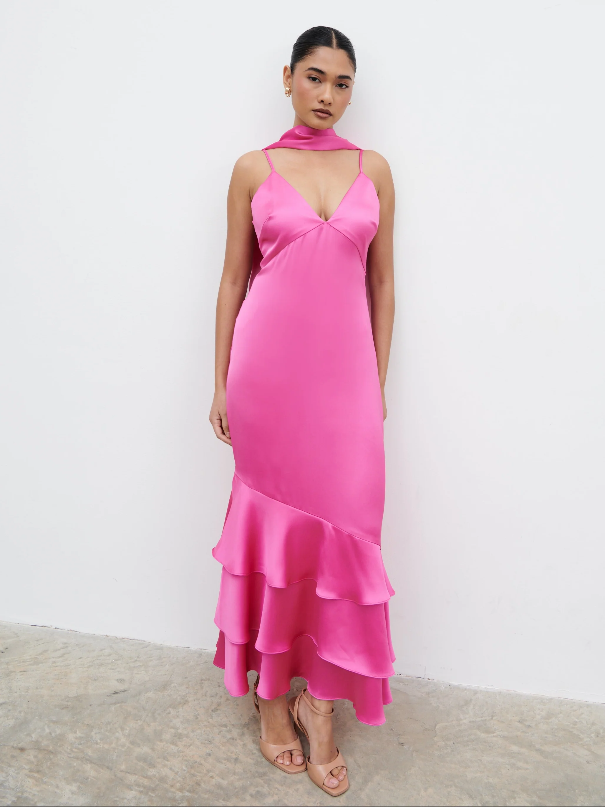 Serita V Neck Tiered Maxi Dress - Fuchsia Satin - Image 2