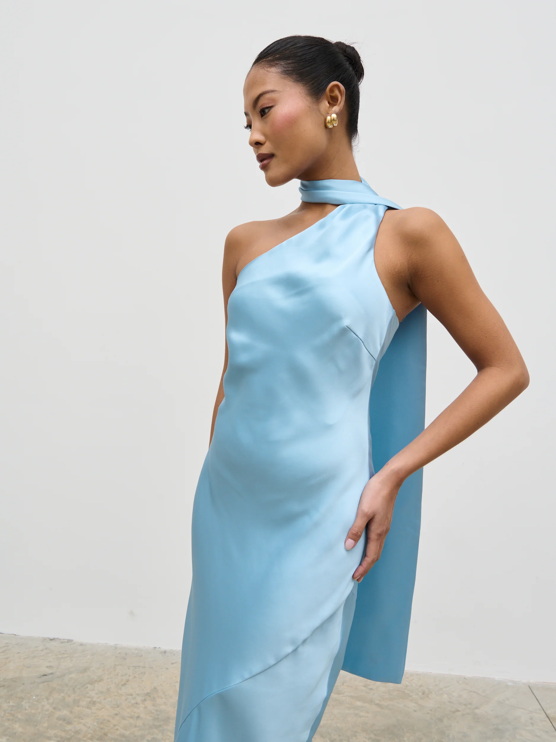 Sheree One Shoulder Scarf Midaxi Dress - Sky Blue - Image 4