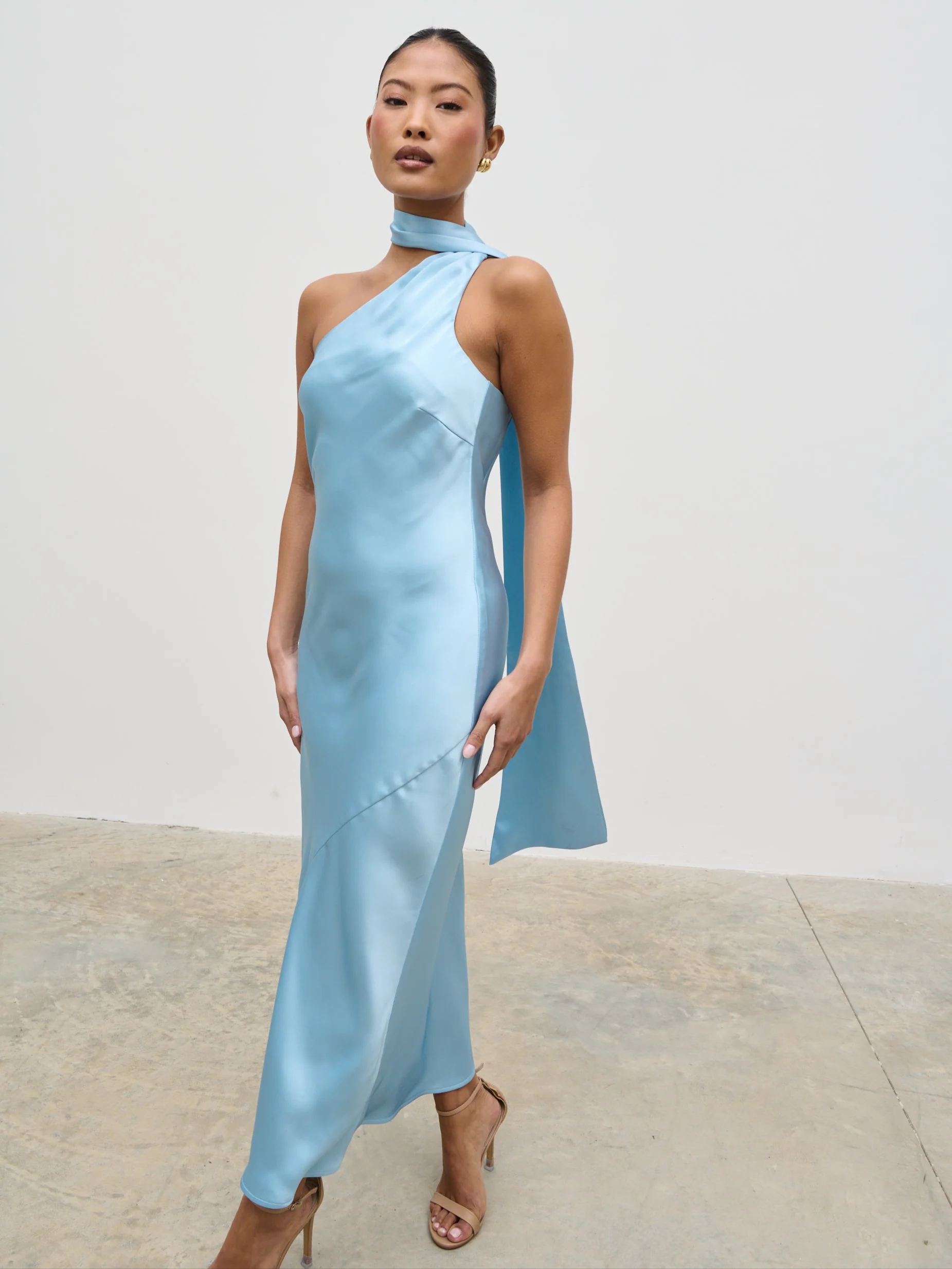 Sheree One Shoulder Scarf Midaxi Dress - Sky Blue - Image 5
