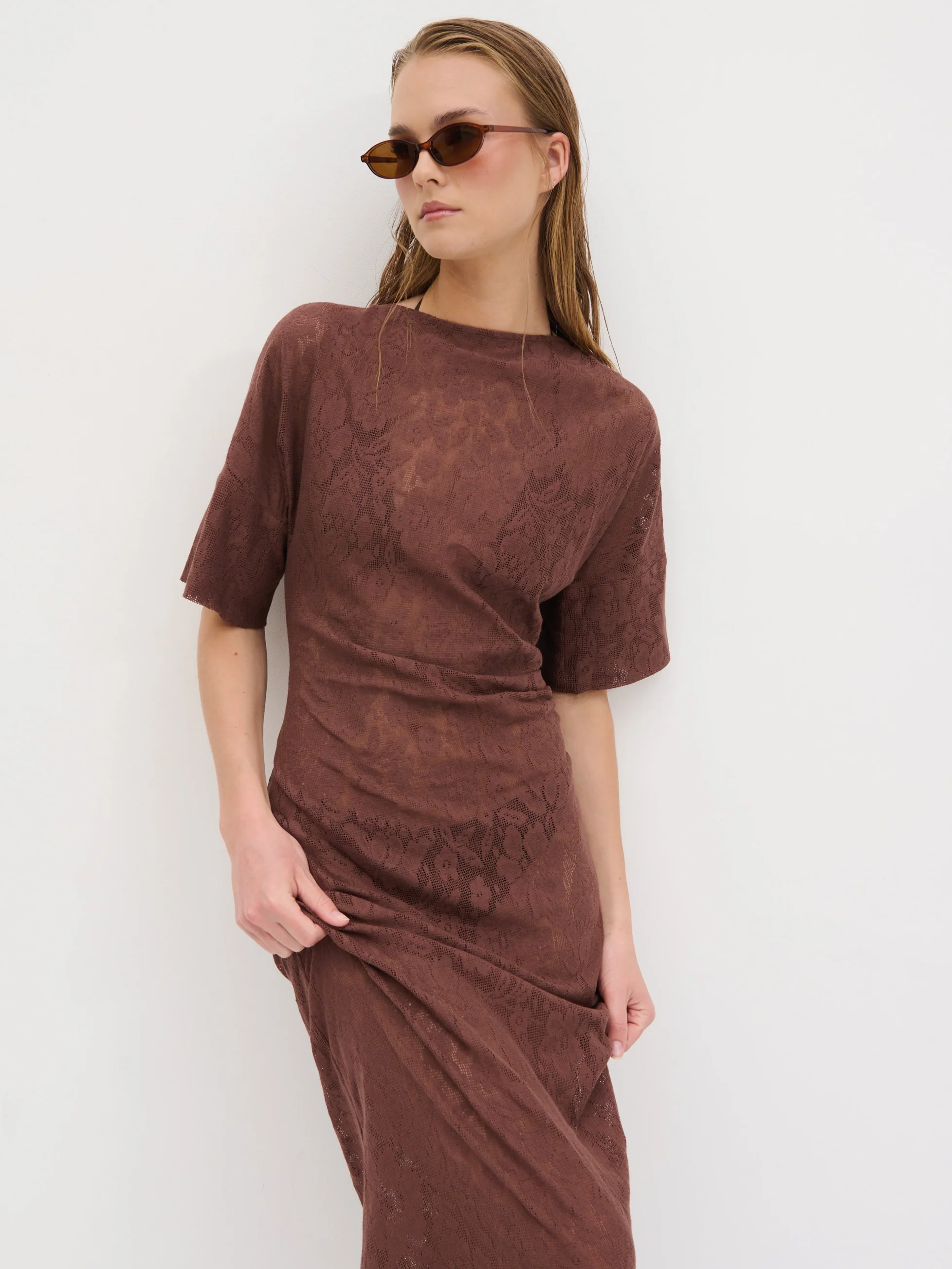 Suvi Crochet T-shirt Dress - Chocolate Brown - Image 3
