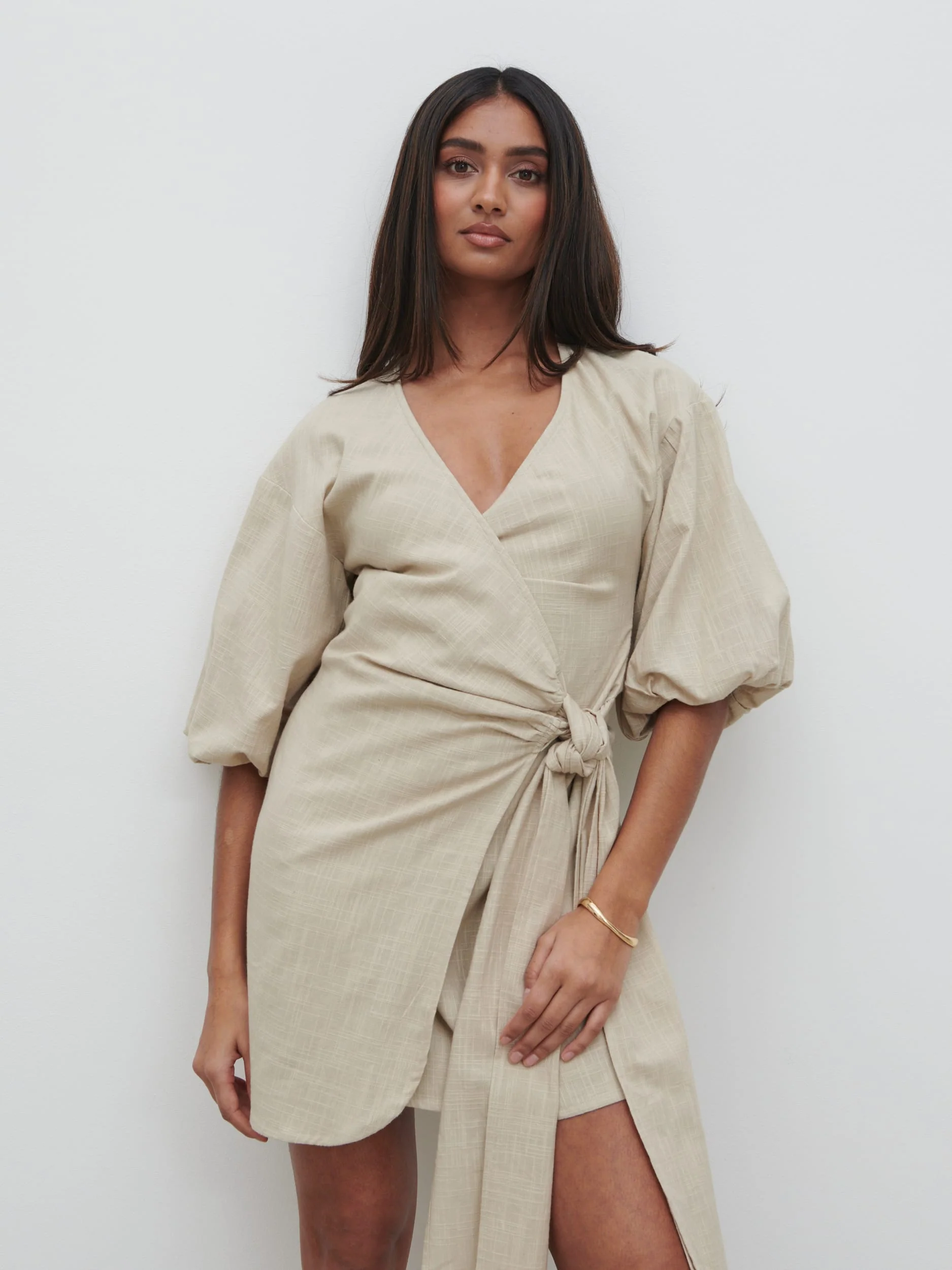 Tamara Wrap Mini Dress - Natural - Image 4