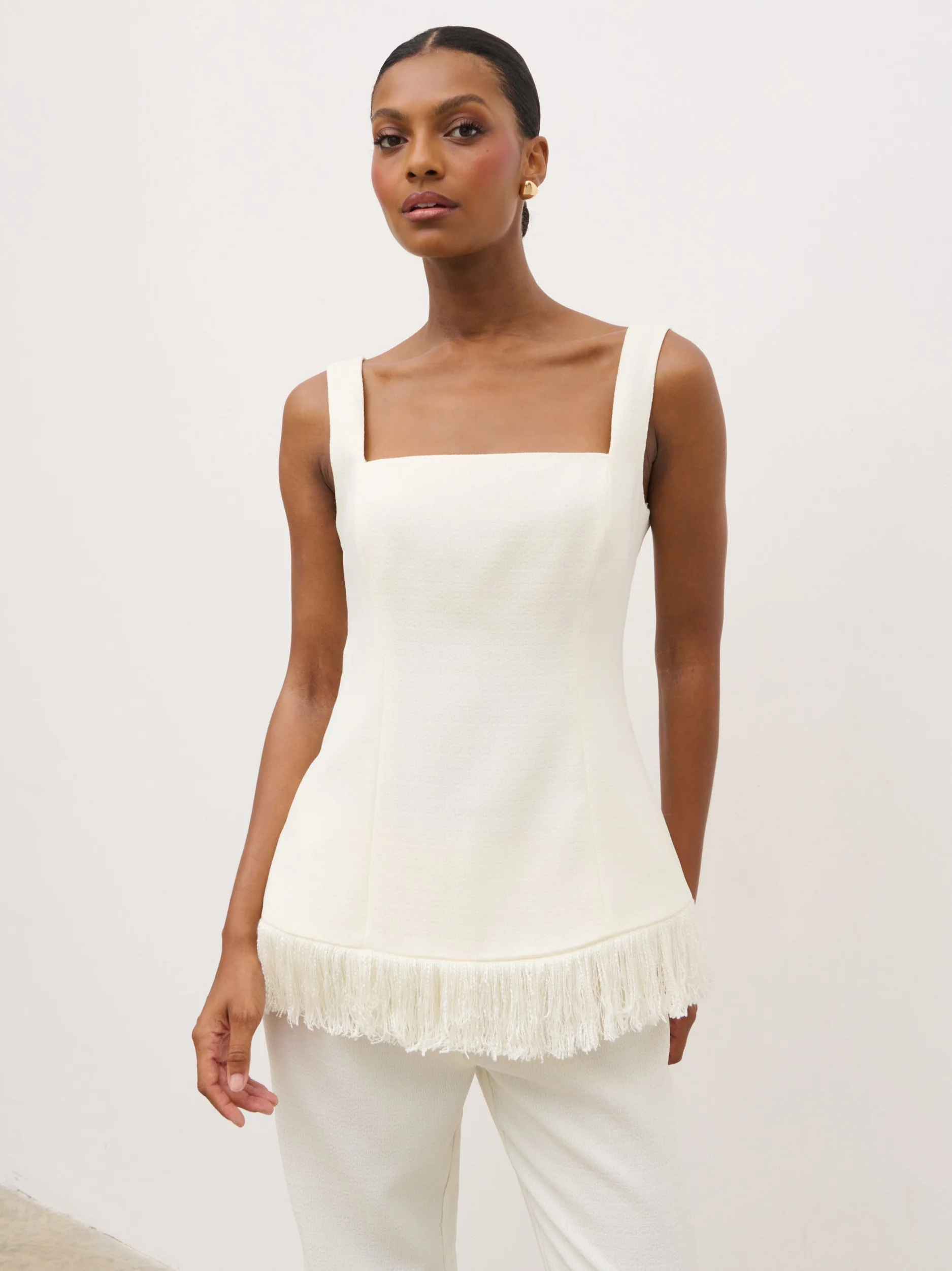 Verona Fringed Tweed Top - Cream