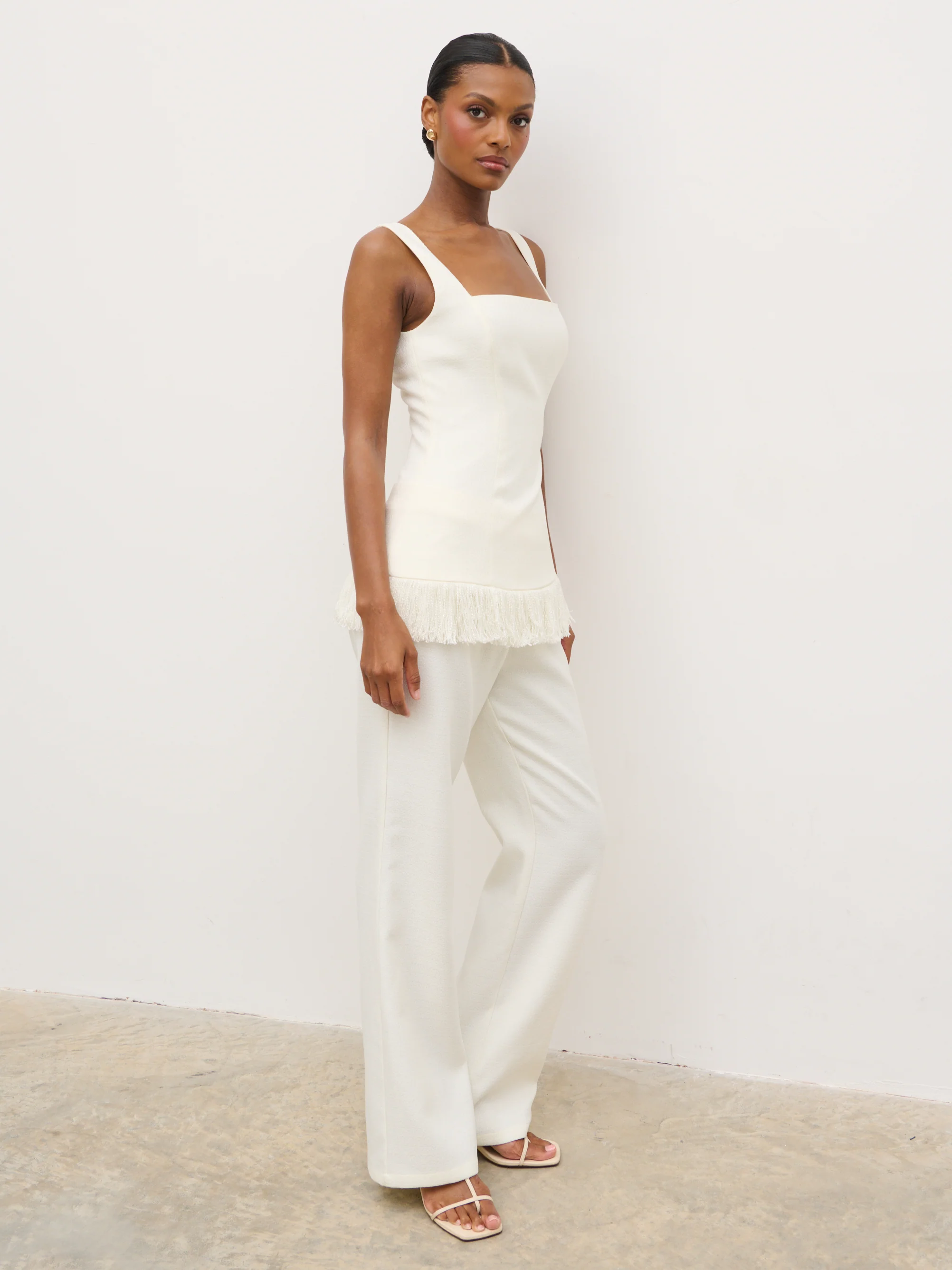 Verona Fringed Tweed Top - Cream - Image 3