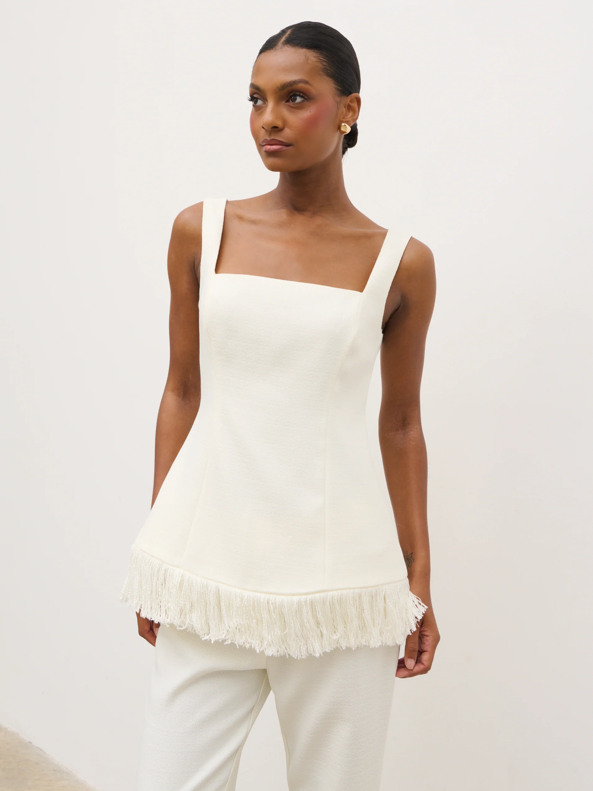 Verona Fringed Tweed Top - Cream - Image 4