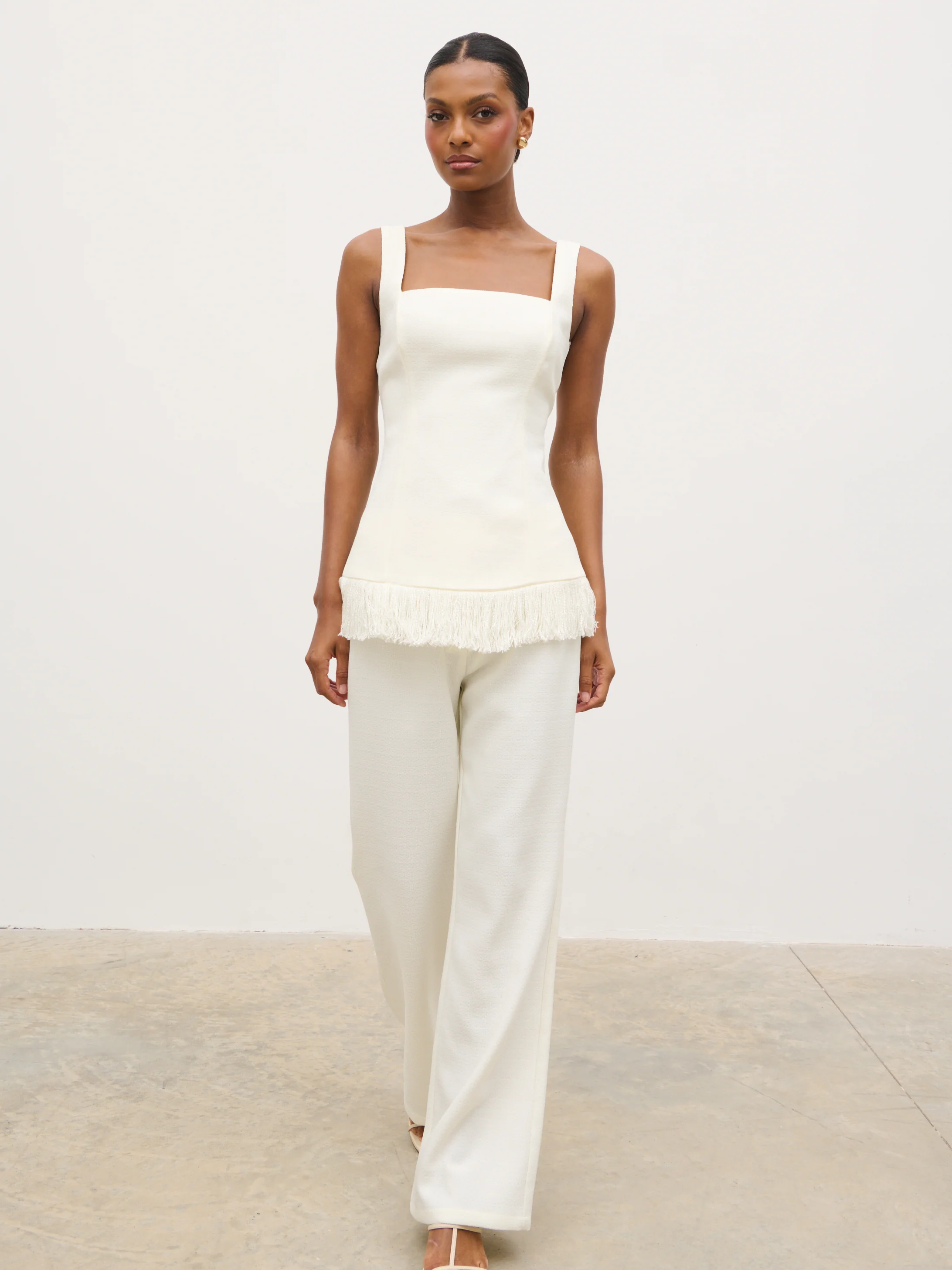 Verona Fringed Tweed Top - Cream - Image 5