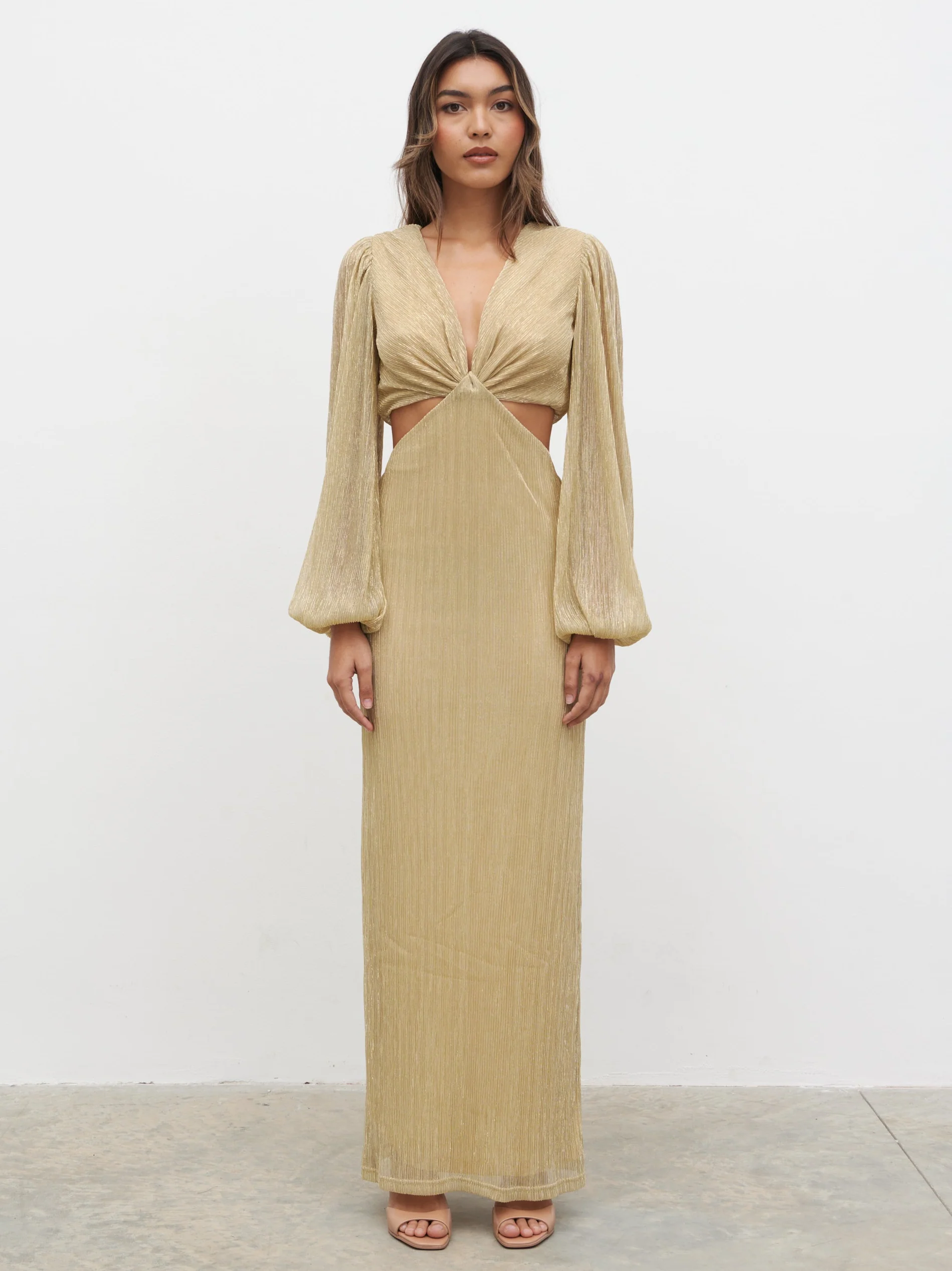 Zaya Plisse Metallic Maxi Dress - Metallic Gold