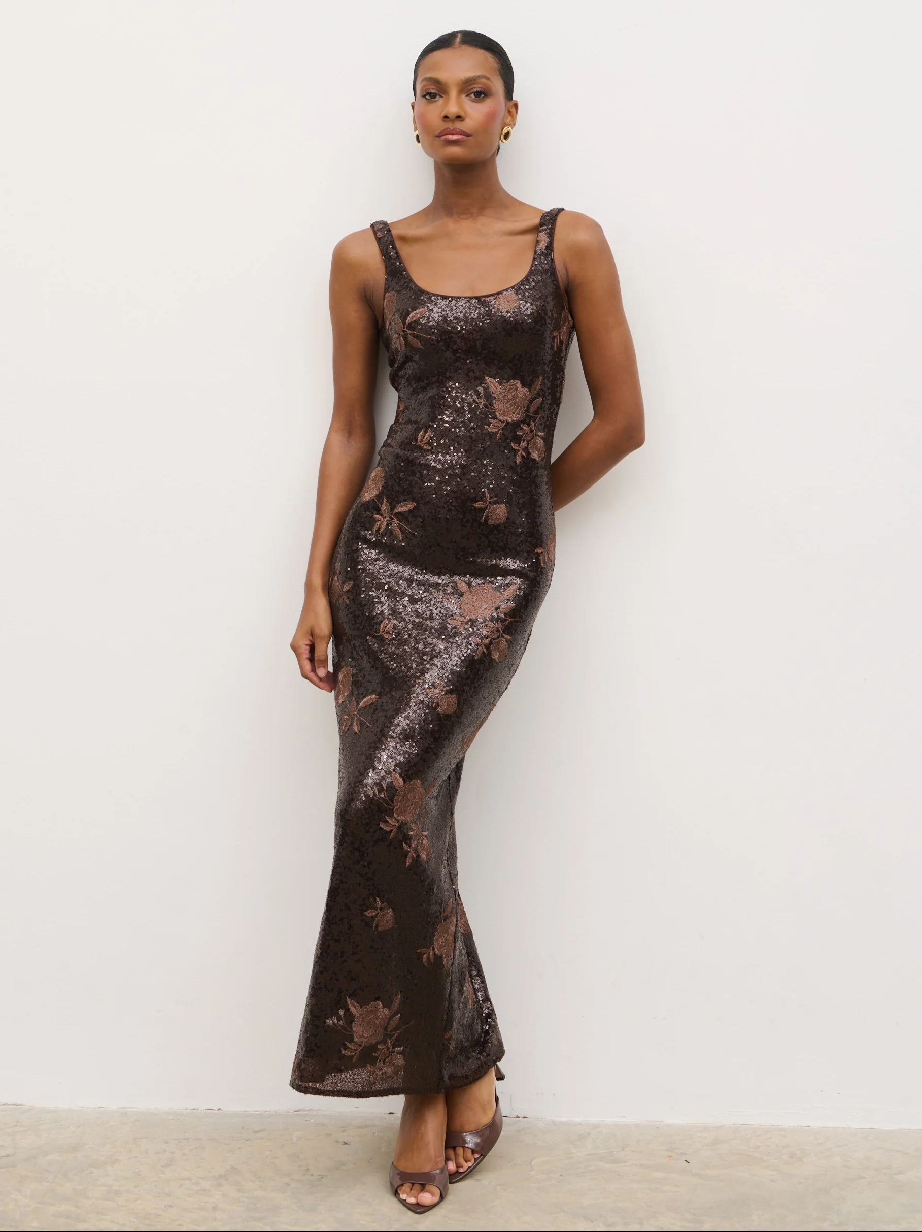 Zia Sequin Maxi Dress - Brown Floral Sequin - Image 8